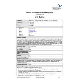 Learning Guide & Unit Outline - Chinese 101 (for Early Childhood Education) (100056) - 1H 2011