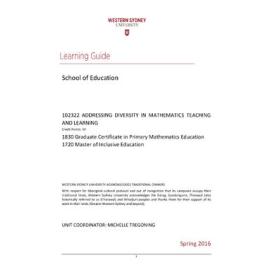 Learning Guide - Addressing Diversity in Mathematics Teaching and Learning (102322) Spring 2016